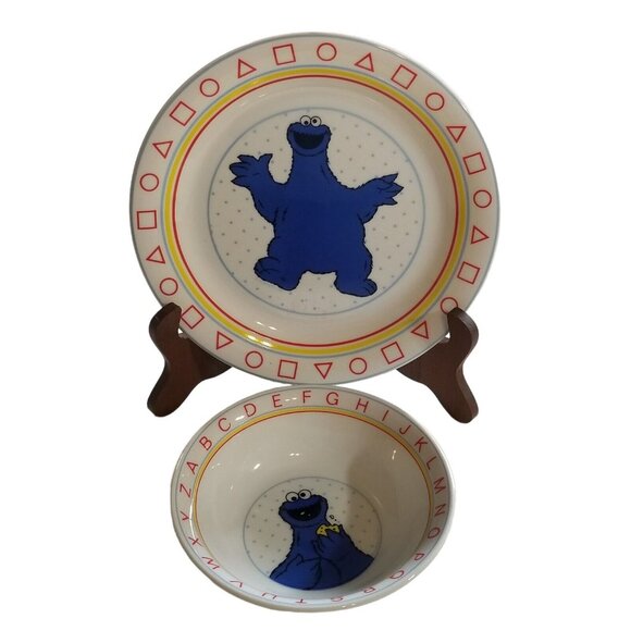 Sesame Street Childs Plate Bowl Porcelain Cookie Monster 2 pc set Vintage - Picture 2 of 9